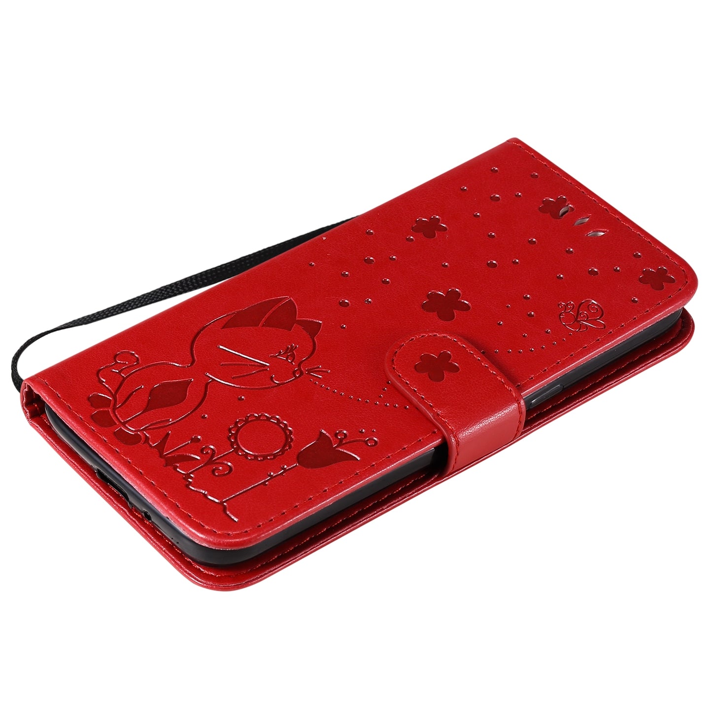 For Samsung Galaxy J2 Pro(2018) Cat and Bee Embossed Flip Leather Phone Case Wallet Cover with Card Slots Cash Pocket Magnetic Stand Protective Shockproof TPU PU Leather Case with Wrist Strap