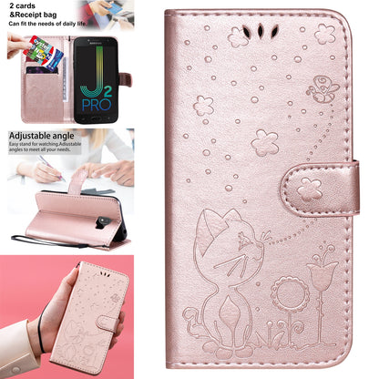 For Samsung Galaxy J2 Pro(2018) Cat and Bee Embossed Flip Leather Phone Case Wallet Cover with Card Slots Cash Pocket Magnetic Stand Protective Shockproof TPU PU Leather Case with Wrist Strap