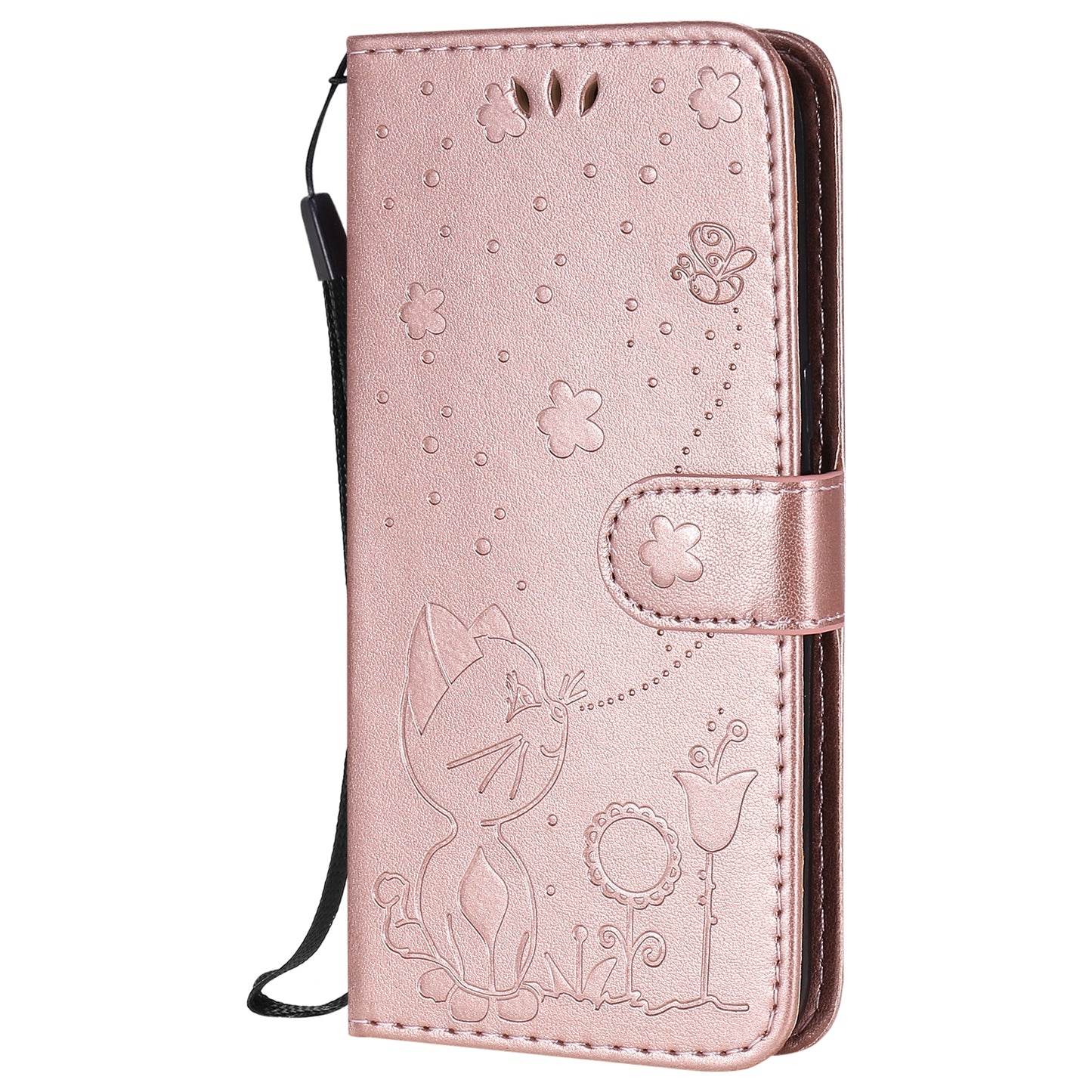 For Samsung Galaxy J2 Pro(2018) Cat and Bee Embossed Flip Leather Phone Case Wallet Cover with Card Slots Cash Pocket Magnetic Stand Protective Shockproof TPU PU Leather Case with Wrist Strap