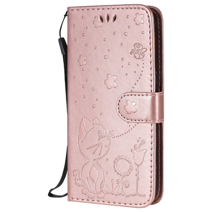For Samsung Galaxy J2 Pro(2018) Cat and Bee Embossed Flip Leather Phone Case Wallet Cover with Card Slots Cash Pocket Magnetic Stand Protective Shockproof TPU PU Leather Case with Wrist Strap