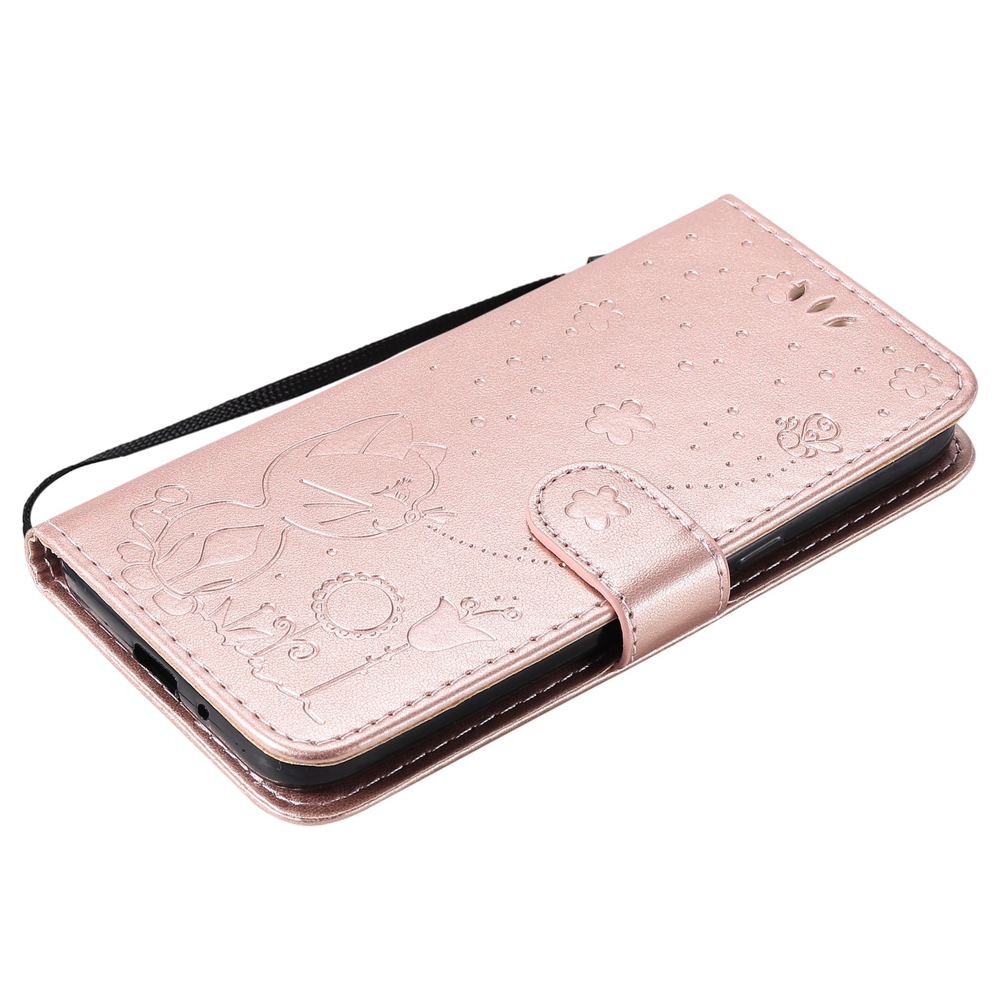 For Samsung Galaxy J2 Pro(2018) Cat and Bee Embossed Flip Leather Phone Case Wallet Cover with Card Slots Cash Pocket Magnetic Stand Protective Shockproof TPU PU Leather Case with Wrist Strap