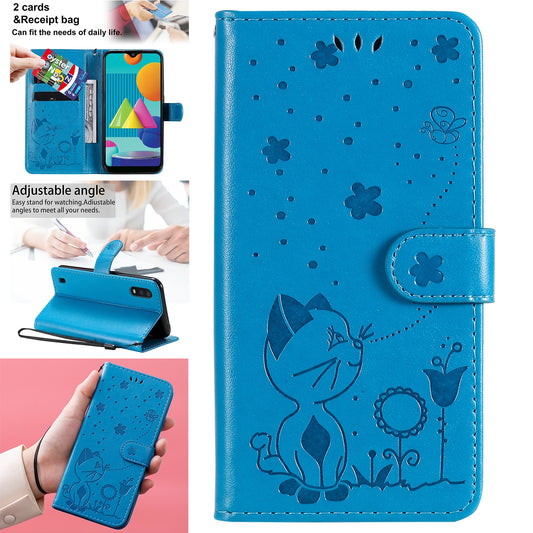 For Samsung Galaxy M01 Cat and Bee Embossed Flip Leather Phone Case Wallet Cover with Card Slots Cash Pocket Magnetic Stand Protective Shockproof TPU PU Leather Case with Wrist Strap