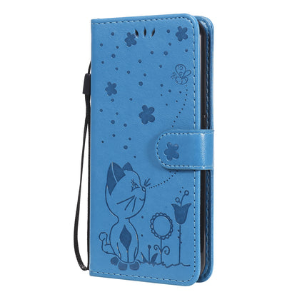 For Samsung Galaxy M01 Cat and Bee Embossed Flip Leather Phone Case Wallet Cover with Card Slots Cash Pocket Magnetic Stand Protective Shockproof TPU PU Leather Case with Wrist Strap