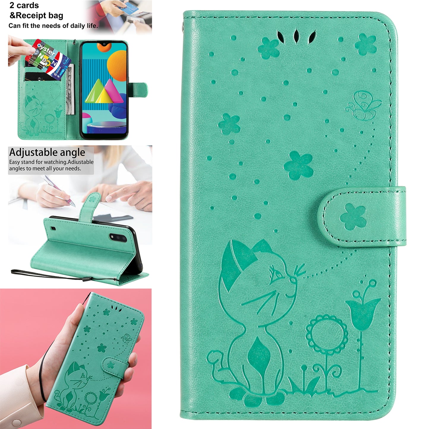 For Samsung Galaxy M01 Cat and Bee Embossed Flip Leather Phone Case Wallet Cover with Card Slots Cash Pocket Magnetic Stand Protective Shockproof TPU PU Leather Case with Wrist Strap