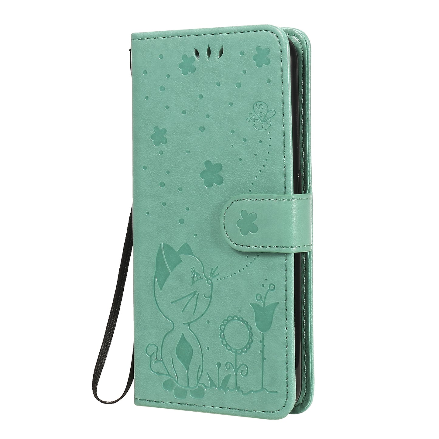 For Samsung Galaxy M01 Cat and Bee Embossed Flip Leather Phone Case Wallet Cover with Card Slots Cash Pocket Magnetic Stand Protective Shockproof TPU PU Leather Case with Wrist Strap