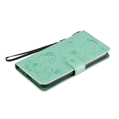 For Samsung Galaxy M01 Cat and Bee Embossed Flip Leather Phone Case Wallet Cover with Card Slots Cash Pocket Magnetic Stand Protective Shockproof TPU PU Leather Case with Wrist Strap
