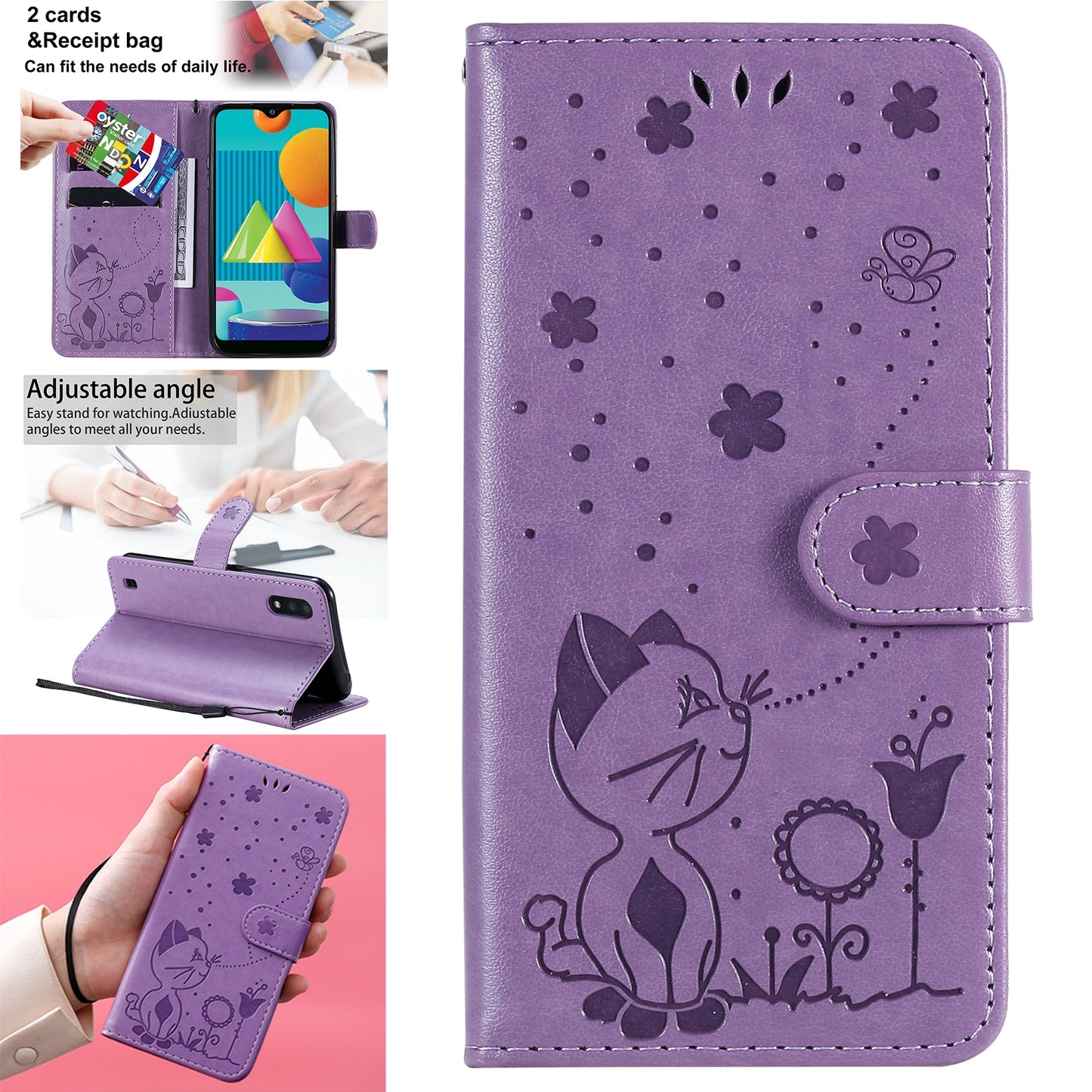 For Samsung Galaxy M01 Cat and Bee Embossed Flip Leather Phone Case Wallet Cover with Card Slots Cash Pocket Magnetic Stand Protective Shockproof TPU PU Leather Case with Wrist Strap