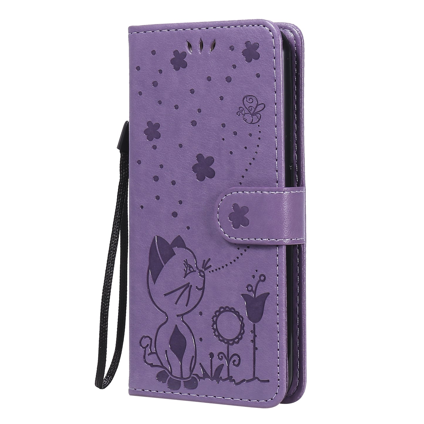 For Samsung Galaxy M01 Cat and Bee Embossed Flip Leather Phone Case Wallet Cover with Card Slots Cash Pocket Magnetic Stand Protective Shockproof TPU PU Leather Case with Wrist Strap