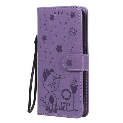 For Samsung Galaxy M01 Cat and Bee Embossed Flip Leather Phone Case Wallet Cover with Card Slots Cash Pocket Magnetic Stand Protective Shockproof TPU PU Leather Case with Wrist Strap