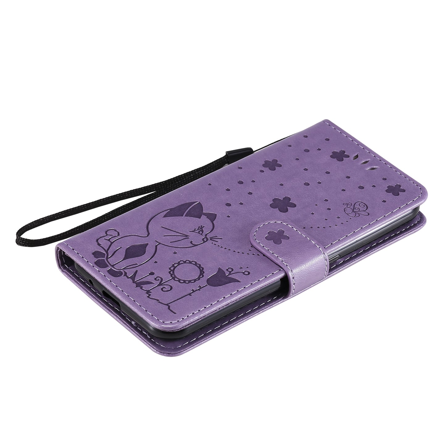 For Samsung Galaxy M01 Cat and Bee Embossed Flip Leather Phone Case Wallet Cover with Card Slots Cash Pocket Magnetic Stand Protective Shockproof TPU PU Leather Case with Wrist Strap