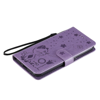 For Samsung Galaxy M01 Cat and Bee Embossed Flip Leather Phone Case Wallet Cover with Card Slots Cash Pocket Magnetic Stand Protective Shockproof TPU PU Leather Case with Wrist Strap