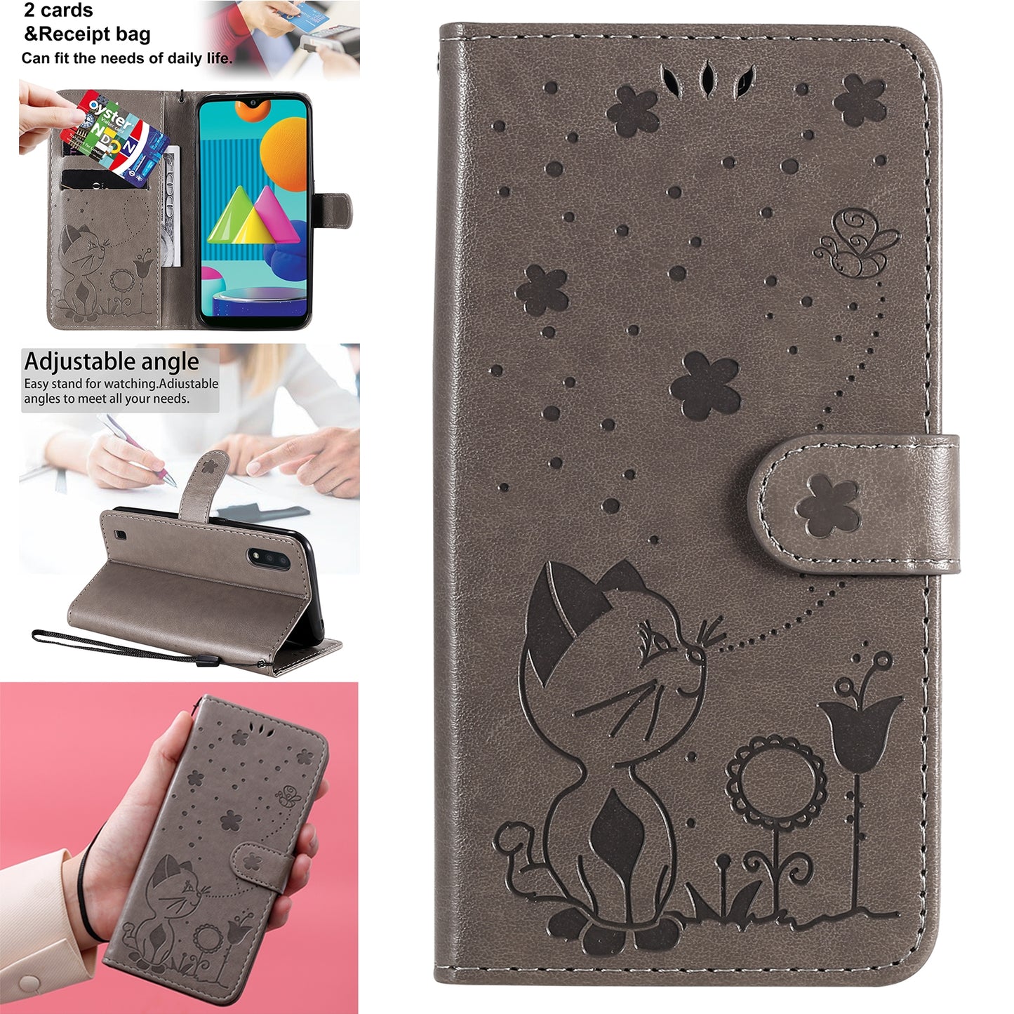 For Samsung Galaxy M01 Cat and Bee Embossed Flip Leather Phone Case Wallet Cover with Card Slots Cash Pocket Magnetic Stand Protective Shockproof TPU PU Leather Case with Wrist Strap