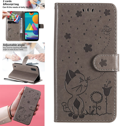 For Samsung Galaxy M01 Cat and Bee Embossed Flip Leather Phone Case Wallet Cover with Card Slots Cash Pocket Magnetic Stand Protective Shockproof TPU PU Leather Case with Wrist Strap