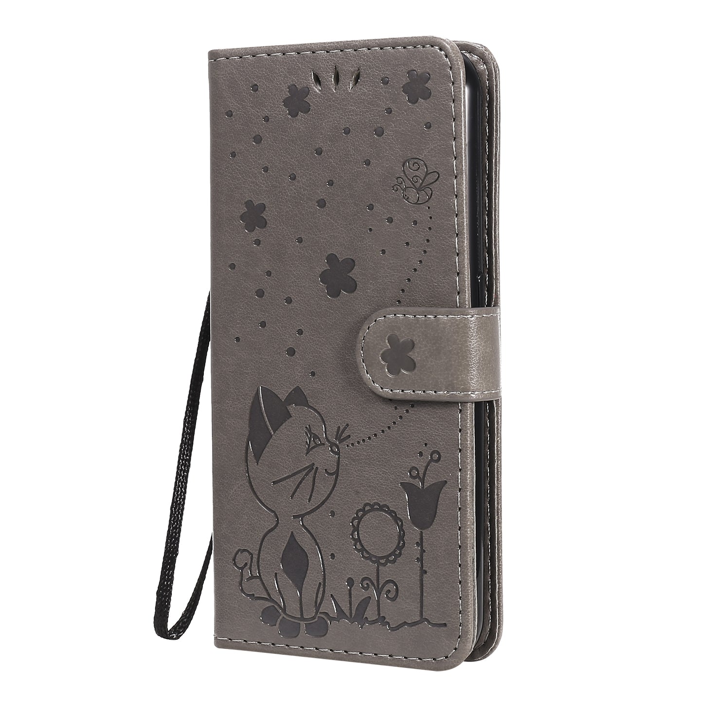 For Samsung Galaxy M01 Cat and Bee Embossed Flip Leather Phone Case Wallet Cover with Card Slots Cash Pocket Magnetic Stand Protective Shockproof TPU PU Leather Case with Wrist Strap