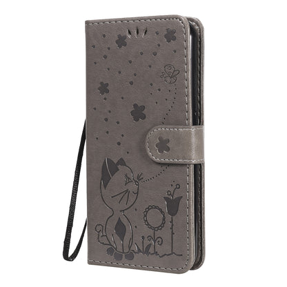 For Samsung Galaxy M01 Cat and Bee Embossed Flip Leather Phone Case Wallet Cover with Card Slots Cash Pocket Magnetic Stand Protective Shockproof TPU PU Leather Case with Wrist Strap