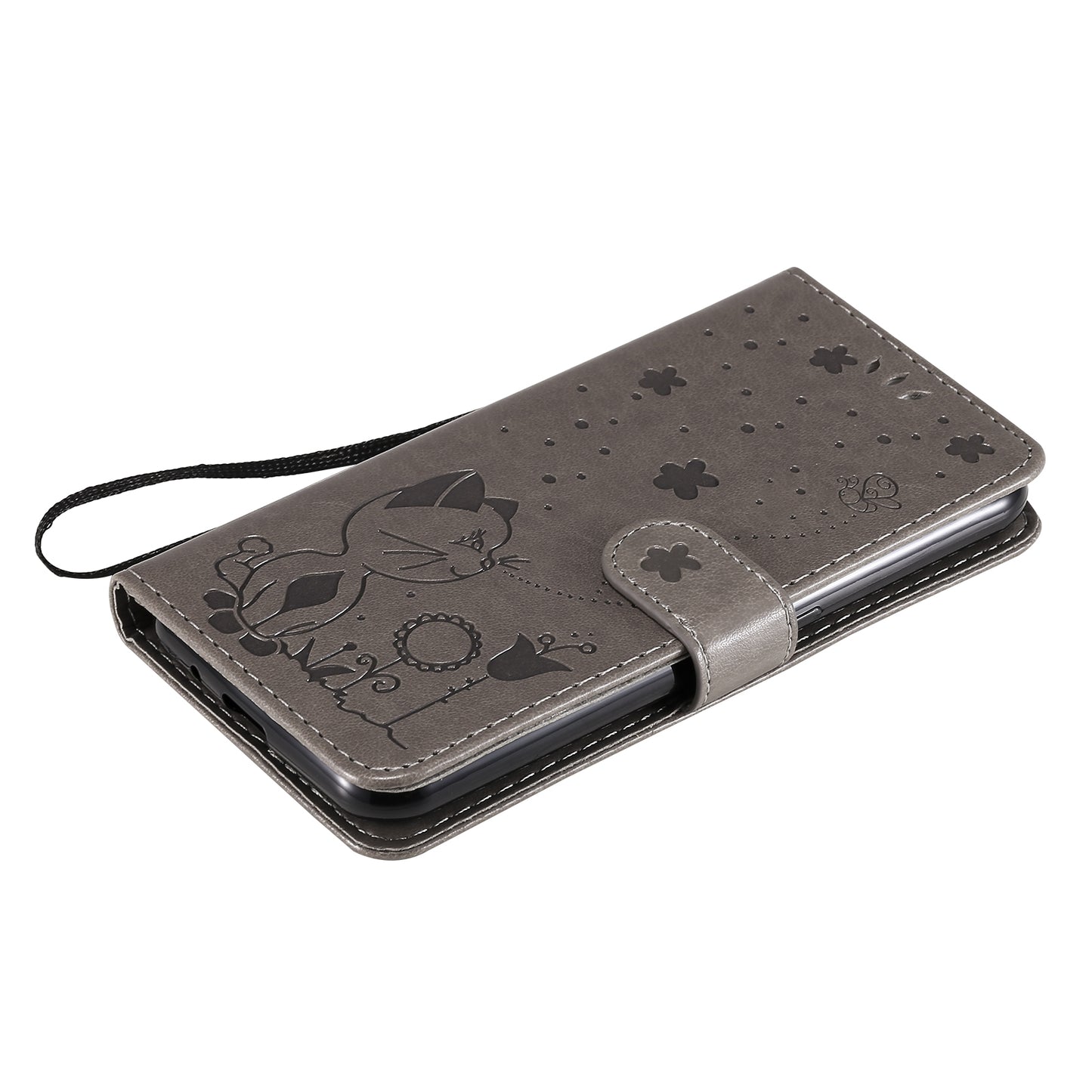 For Samsung Galaxy M01 Cat and Bee Embossed Flip Leather Phone Case Wallet Cover with Card Slots Cash Pocket Magnetic Stand Protective Shockproof TPU PU Leather Case with Wrist Strap