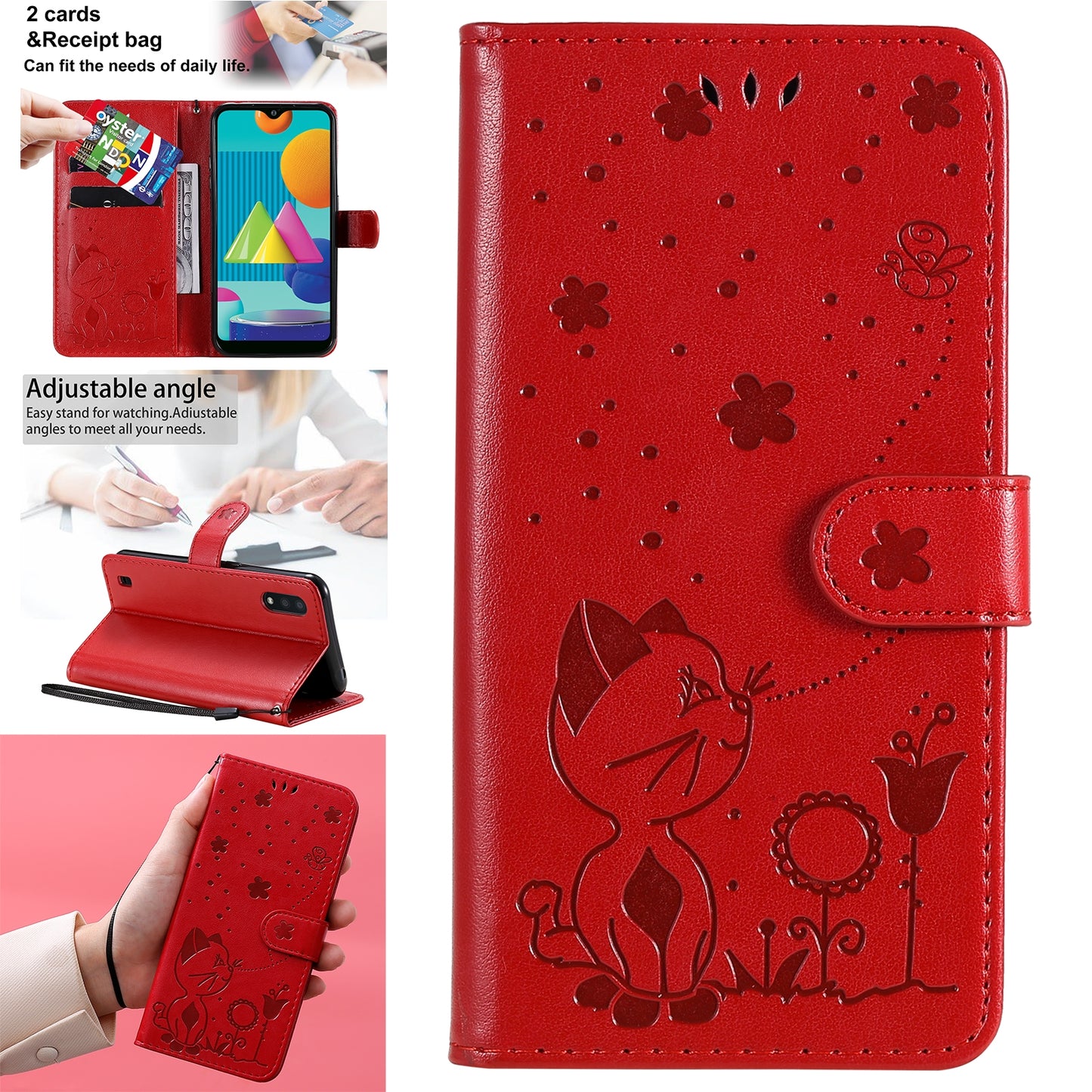 For Samsung Galaxy M01 Cat and Bee Embossed Flip Leather Phone Case Wallet Cover with Card Slots Cash Pocket Magnetic Stand Protective Shockproof TPU PU Leather Case with Wrist Strap