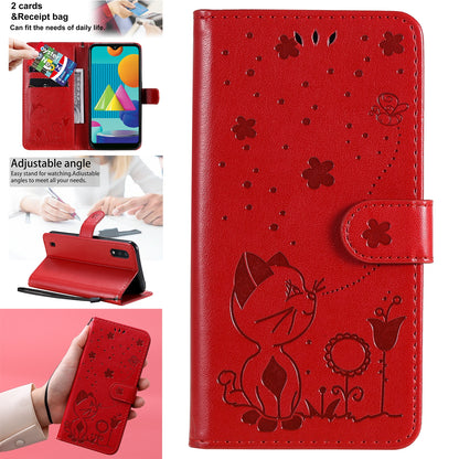 For Samsung Galaxy M01 Cat and Bee Embossed Flip Leather Phone Case Wallet Cover with Card Slots Cash Pocket Magnetic Stand Protective Shockproof TPU PU Leather Case with Wrist Strap