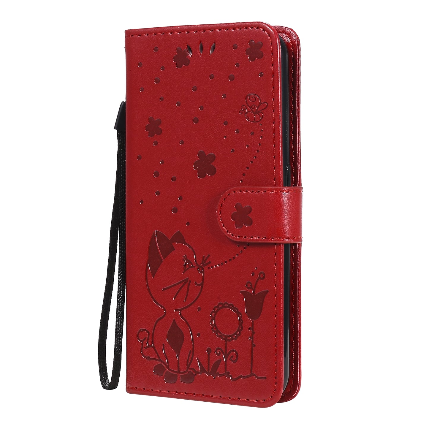 For Samsung Galaxy M01 Cat and Bee Embossed Flip Leather Phone Case Wallet Cover with Card Slots Cash Pocket Magnetic Stand Protective Shockproof TPU PU Leather Case with Wrist Strap