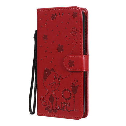 For Samsung Galaxy M01 Cat and Bee Embossed Flip Leather Phone Case Wallet Cover with Card Slots Cash Pocket Magnetic Stand Protective Shockproof TPU PU Leather Case with Wrist Strap