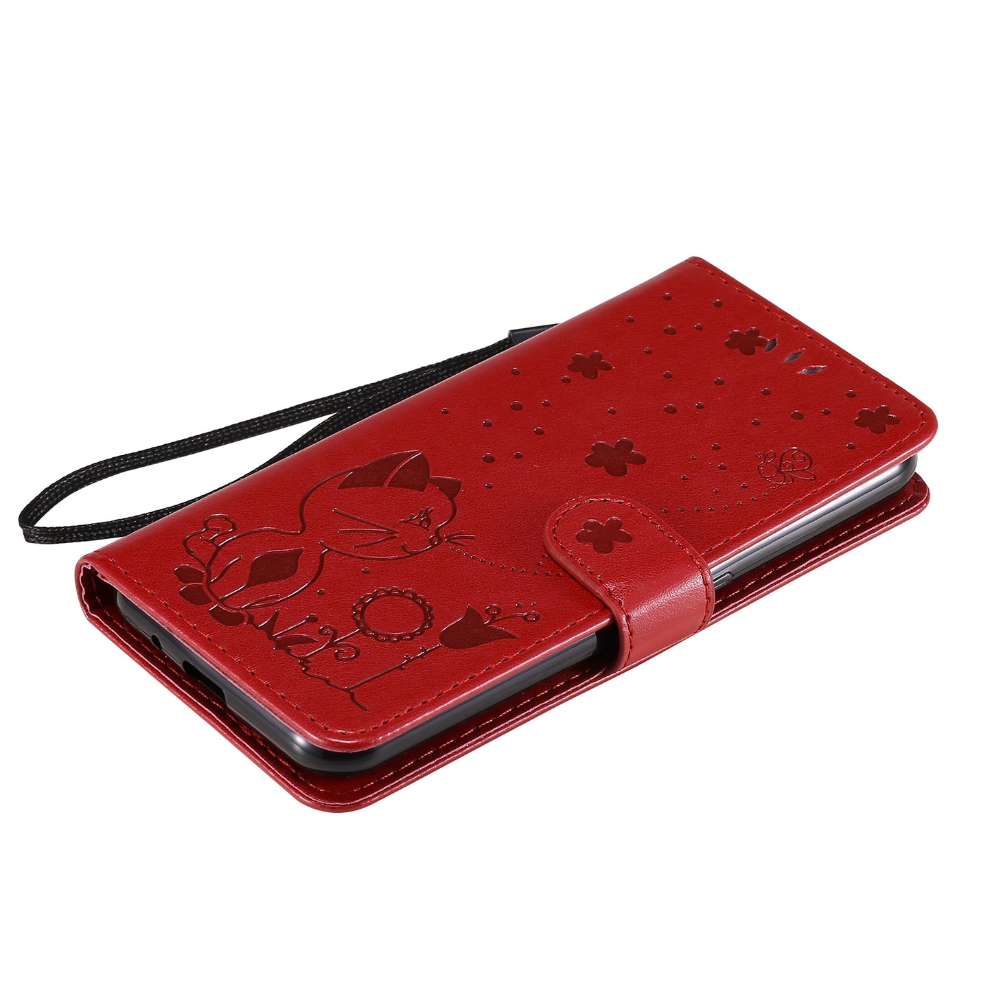 For Samsung Galaxy M01 Cat and Bee Embossed Flip Leather Phone Case Wallet Cover with Card Slots Cash Pocket Magnetic Stand Protective Shockproof TPU PU Leather Case with Wrist Strap