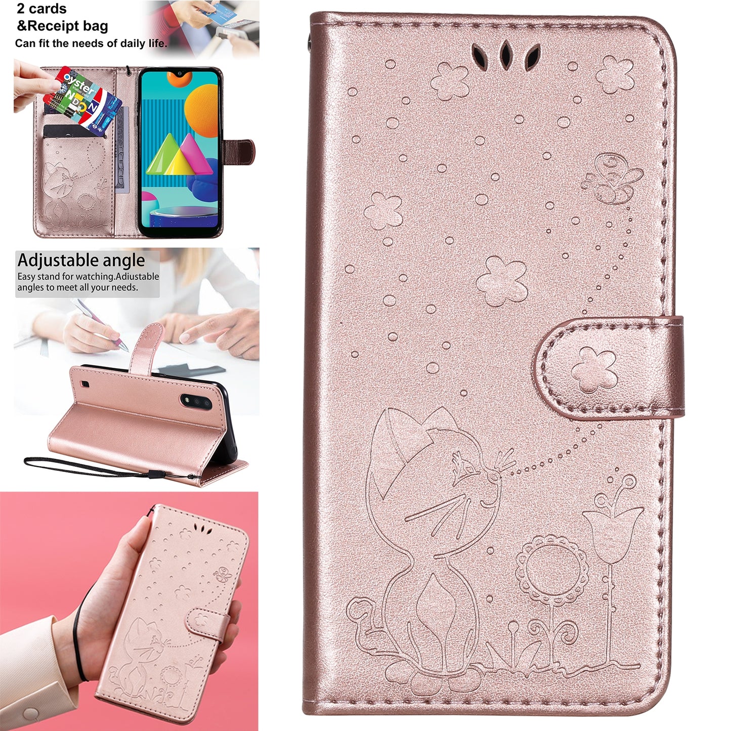 For Samsung Galaxy M01 Cat and Bee Embossed Flip Leather Phone Case Wallet Cover with Card Slots Cash Pocket Magnetic Stand Protective Shockproof TPU PU Leather Case with Wrist Strap
