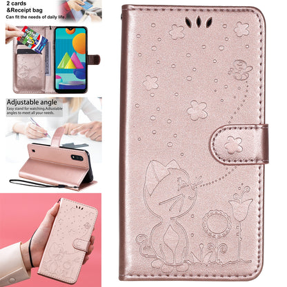 For Samsung Galaxy M01 Cat and Bee Embossed Flip Leather Phone Case Wallet Cover with Card Slots Cash Pocket Magnetic Stand Protective Shockproof TPU PU Leather Case with Wrist Strap