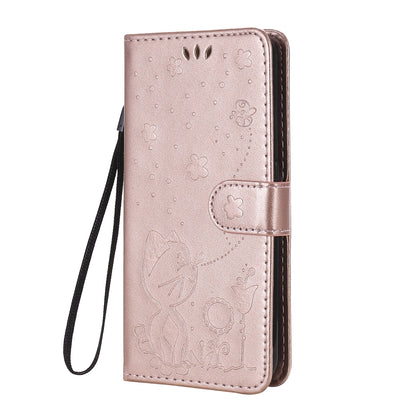 For Samsung Galaxy M01 Cat and Bee Embossed Flip Leather Phone Case Wallet Cover with Card Slots Cash Pocket Magnetic Stand Protective Shockproof TPU PU Leather Case with Wrist Strap