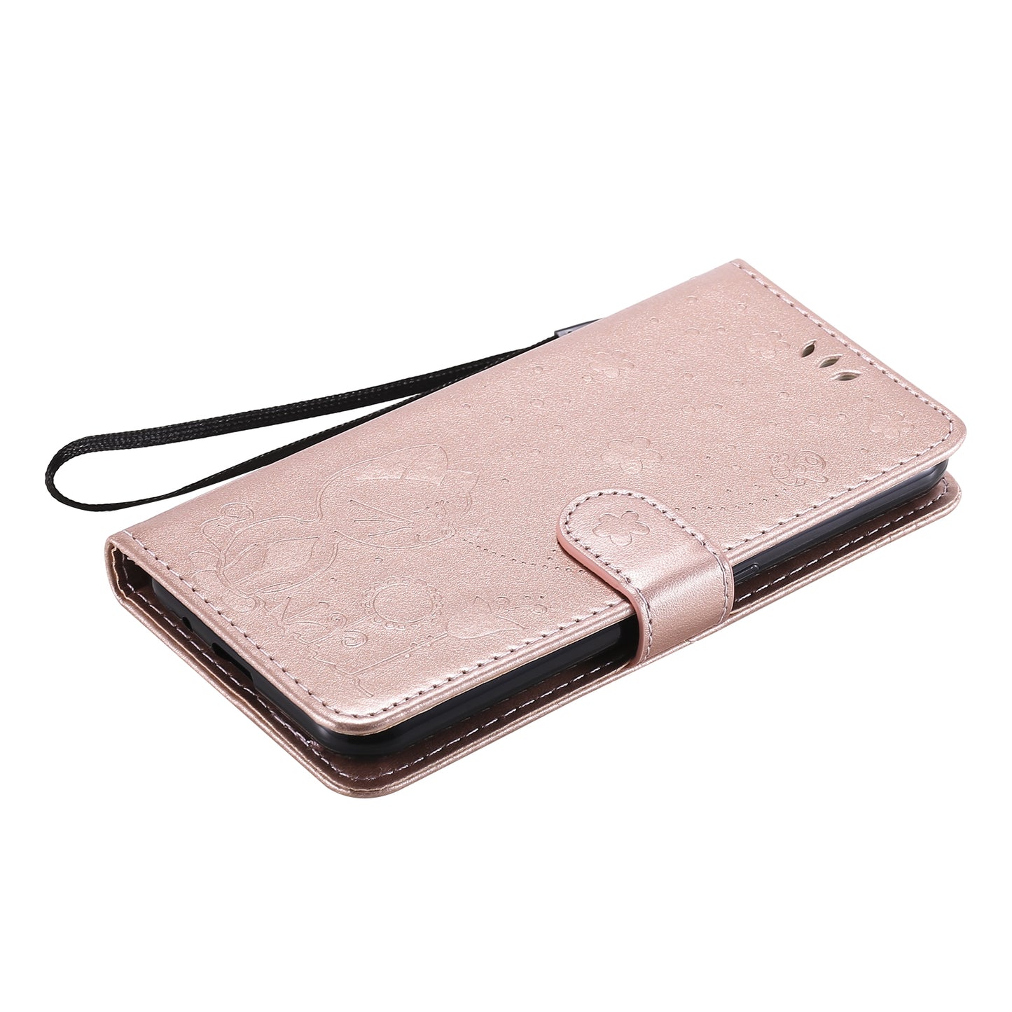 For Samsung Galaxy M01 Cat and Bee Embossed Flip Leather Phone Case Wallet Cover with Card Slots Cash Pocket Magnetic Stand Protective Shockproof TPU PU Leather Case with Wrist Strap