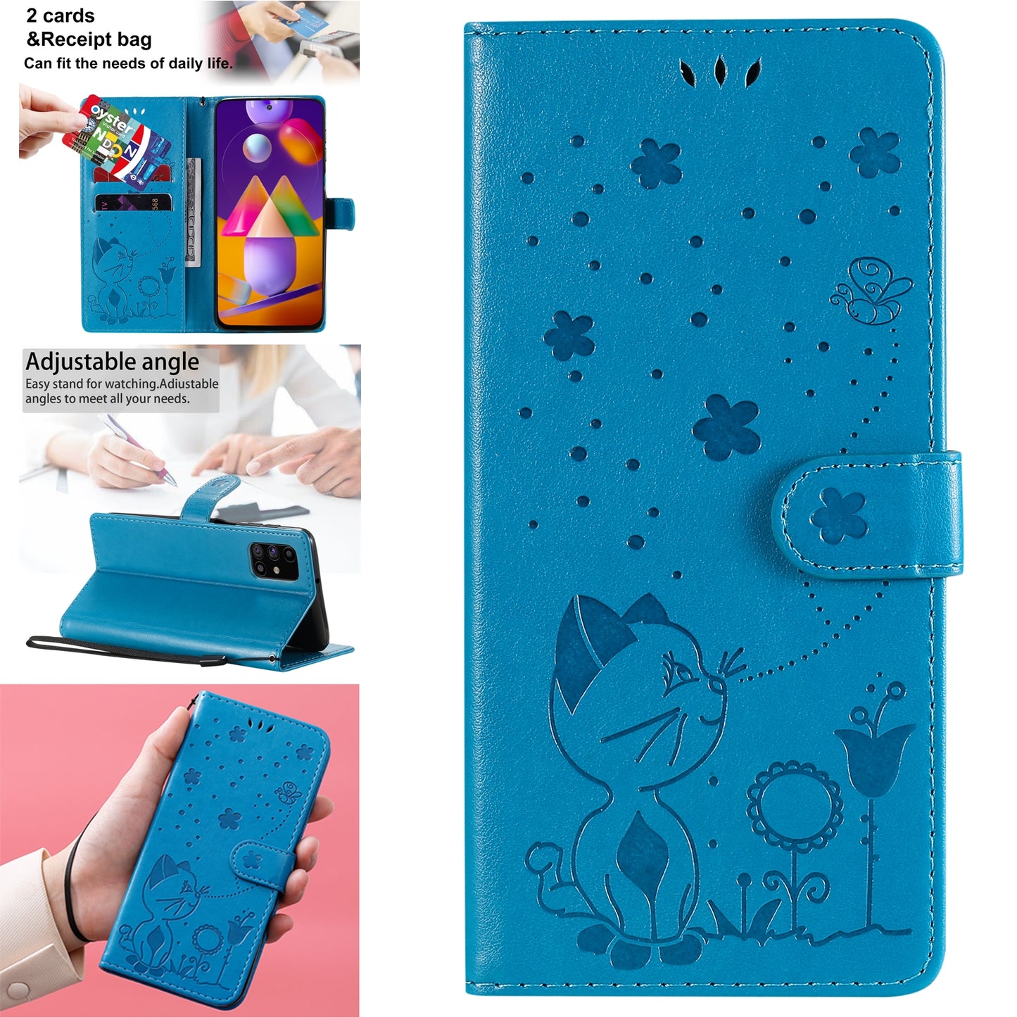 For Samsung Galaxy M31s Cat and Bee Embossed Flip Leather Phone Case Wallet Cover with Card Slots Cash Pocket Magnetic Stand Protective Shockproof TPU PU Leather Case with Wrist Strap