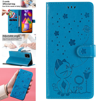 For Samsung Galaxy M31s Cat and Bee Embossed Flip Leather Phone Case Wallet Cover with Card Slots Cash Pocket Magnetic Stand Protective Shockproof TPU PU Leather Case with Wrist Strap
