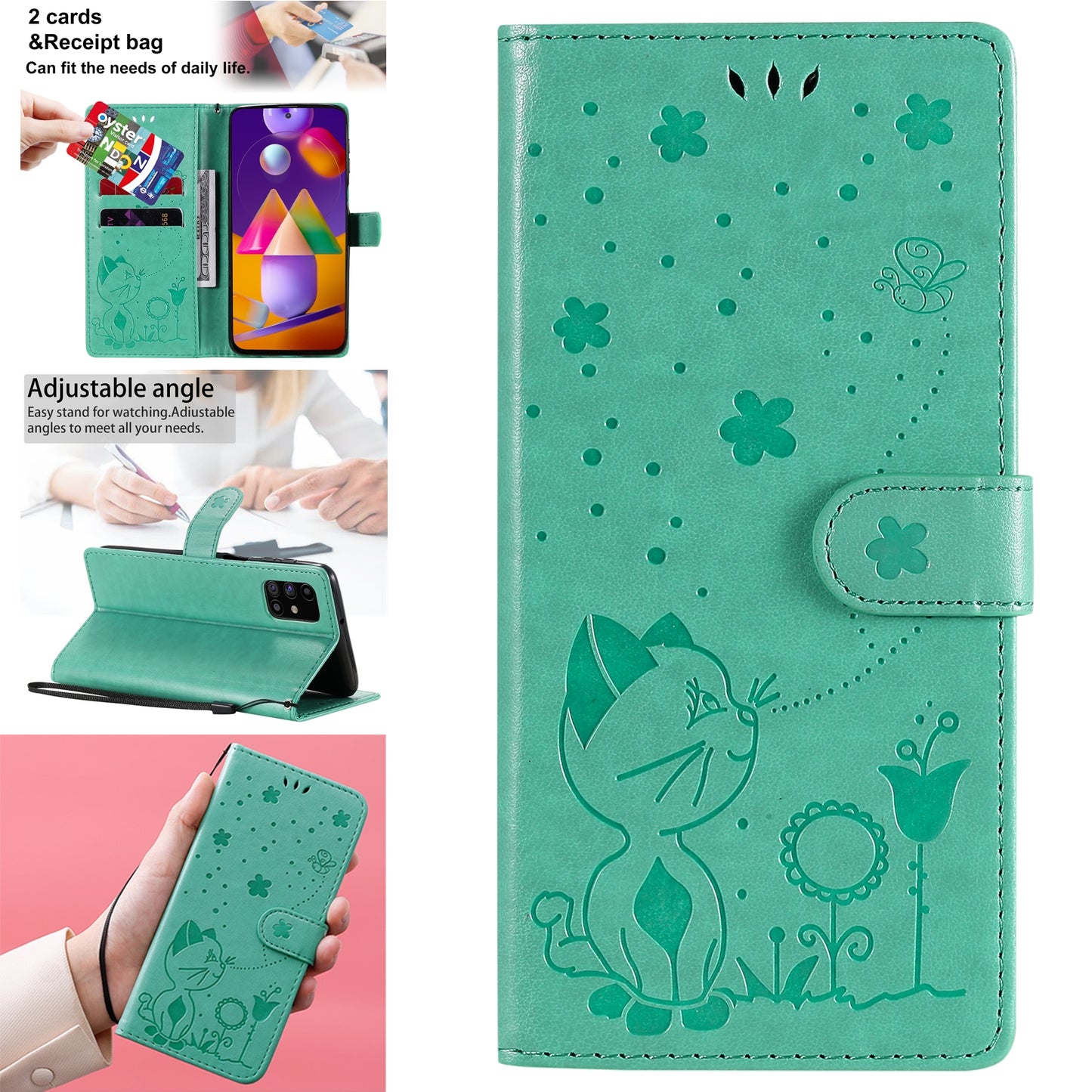For Samsung Galaxy M31s Cat and Bee Embossed Flip Leather Phone Case Wallet Cover with Card Slots Cash Pocket Magnetic Stand Protective Shockproof TPU PU Leather Case with Wrist Strap