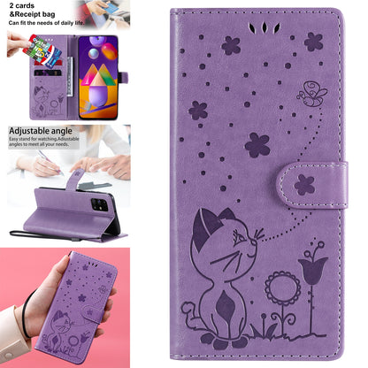 For Samsung Galaxy M31s Cat and Bee Embossed Flip Leather Phone Case Wallet Cover with Card Slots Cash Pocket Magnetic Stand Protective Shockproof TPU PU Leather Case with Wrist Strap