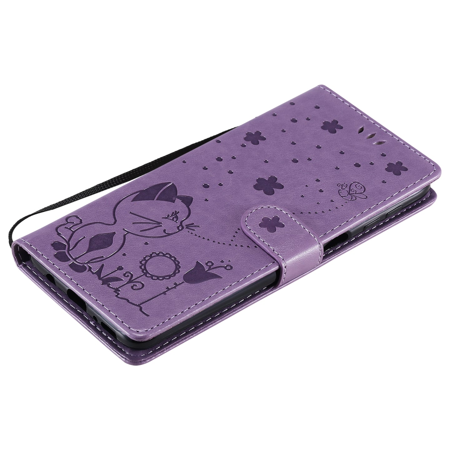 For Samsung Galaxy M31s Cat and Bee Embossed Flip Leather Phone Case Wallet Cover with Card Slots Cash Pocket Magnetic Stand Protective Shockproof TPU PU Leather Case with Wrist Strap