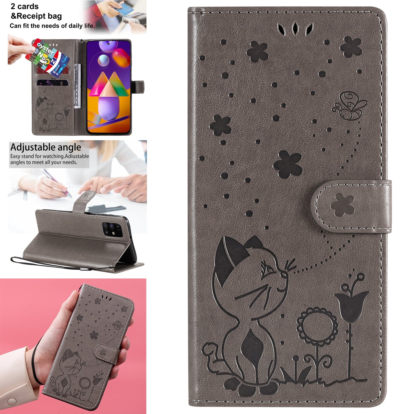 For Samsung Galaxy M31s Cat and Bee Embossed Flip Leather Phone Case Wallet Cover with Card Slots Cash Pocket Magnetic Stand Protective Shockproof TPU PU Leather Case with Wrist Strap