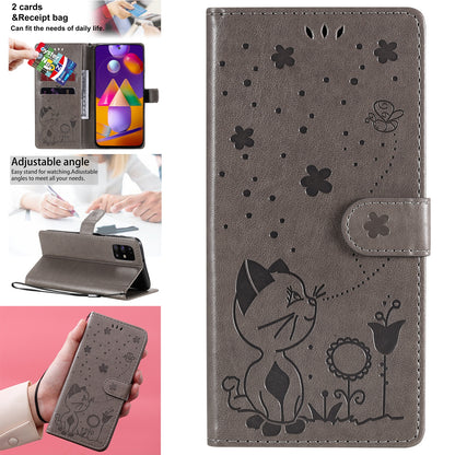 For Samsung Galaxy M31s Cat and Bee Embossed Flip Leather Phone Case Wallet Cover with Card Slots Cash Pocket Magnetic Stand Protective Shockproof TPU PU Leather Case with Wrist Strap