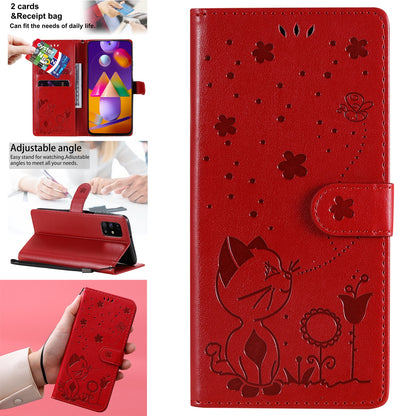 For Samsung Galaxy M31s Cat and Bee Embossed Flip Leather Phone Case Wallet Cover with Card Slots Cash Pocket Magnetic Stand Protective Shockproof TPU PU Leather Case with Wrist Strap