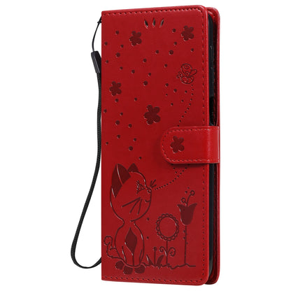 For Samsung Galaxy M31s Cat and Bee Embossed Flip Leather Phone Case Wallet Cover with Card Slots Cash Pocket Magnetic Stand Protective Shockproof TPU PU Leather Case with Wrist Strap
