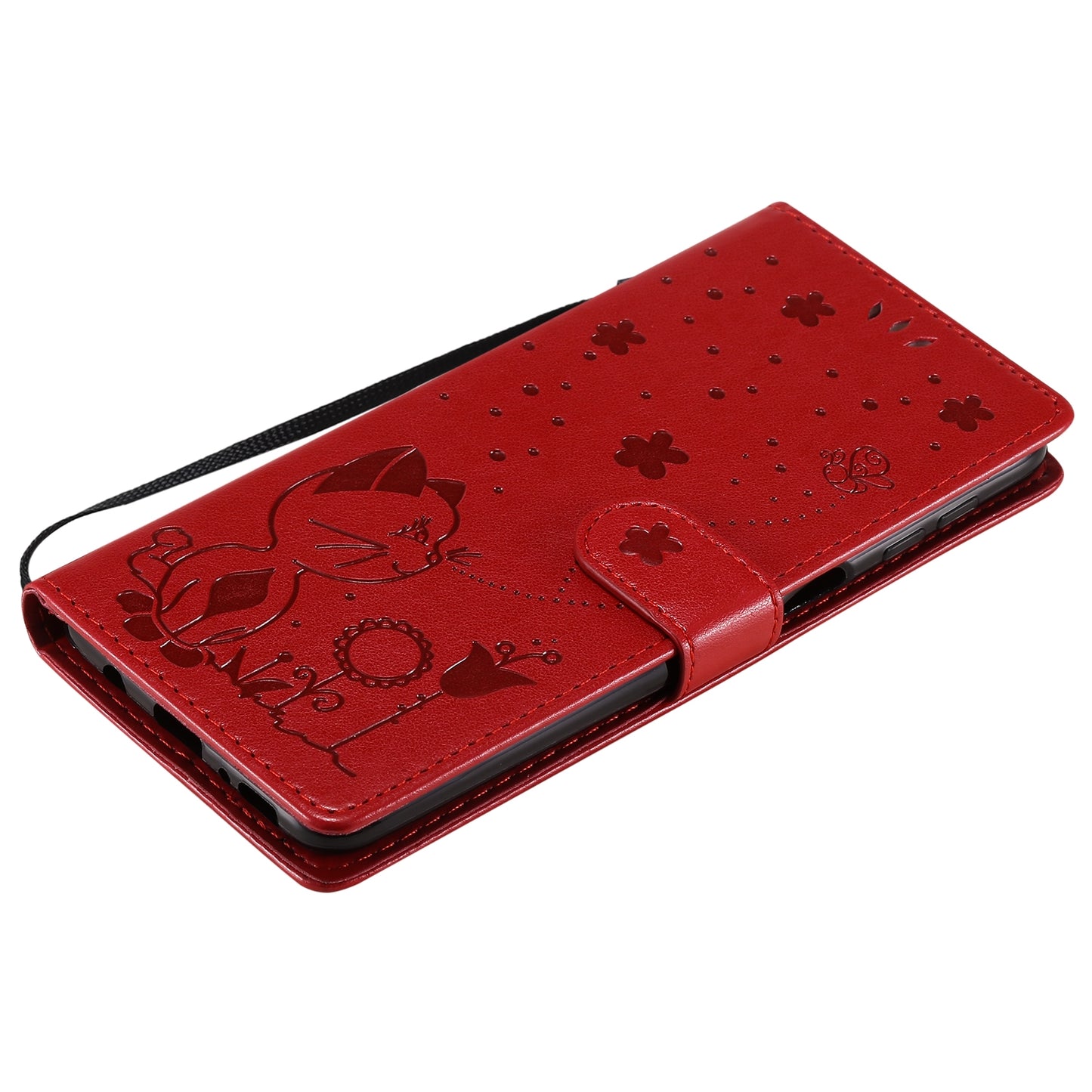 For Samsung Galaxy M31s Cat and Bee Embossed Flip Leather Phone Case Wallet Cover with Card Slots Cash Pocket Magnetic Stand Protective Shockproof TPU PU Leather Case with Wrist Strap