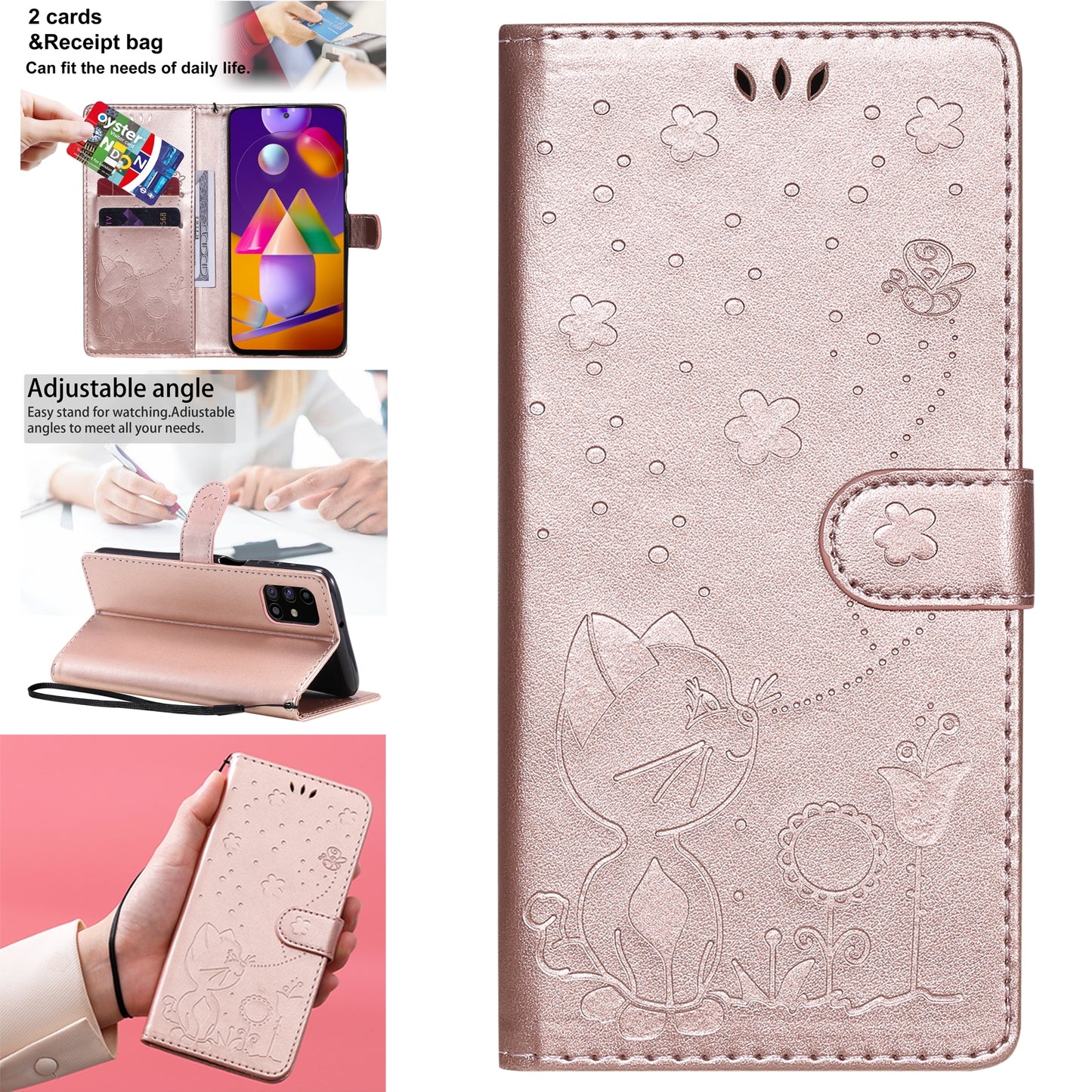 For Samsung Galaxy M31s Cat and Bee Embossed Flip Leather Phone Case Wallet Cover with Card Slots Cash Pocket Magnetic Stand Protective Shockproof TPU PU Leather Case with Wrist Strap