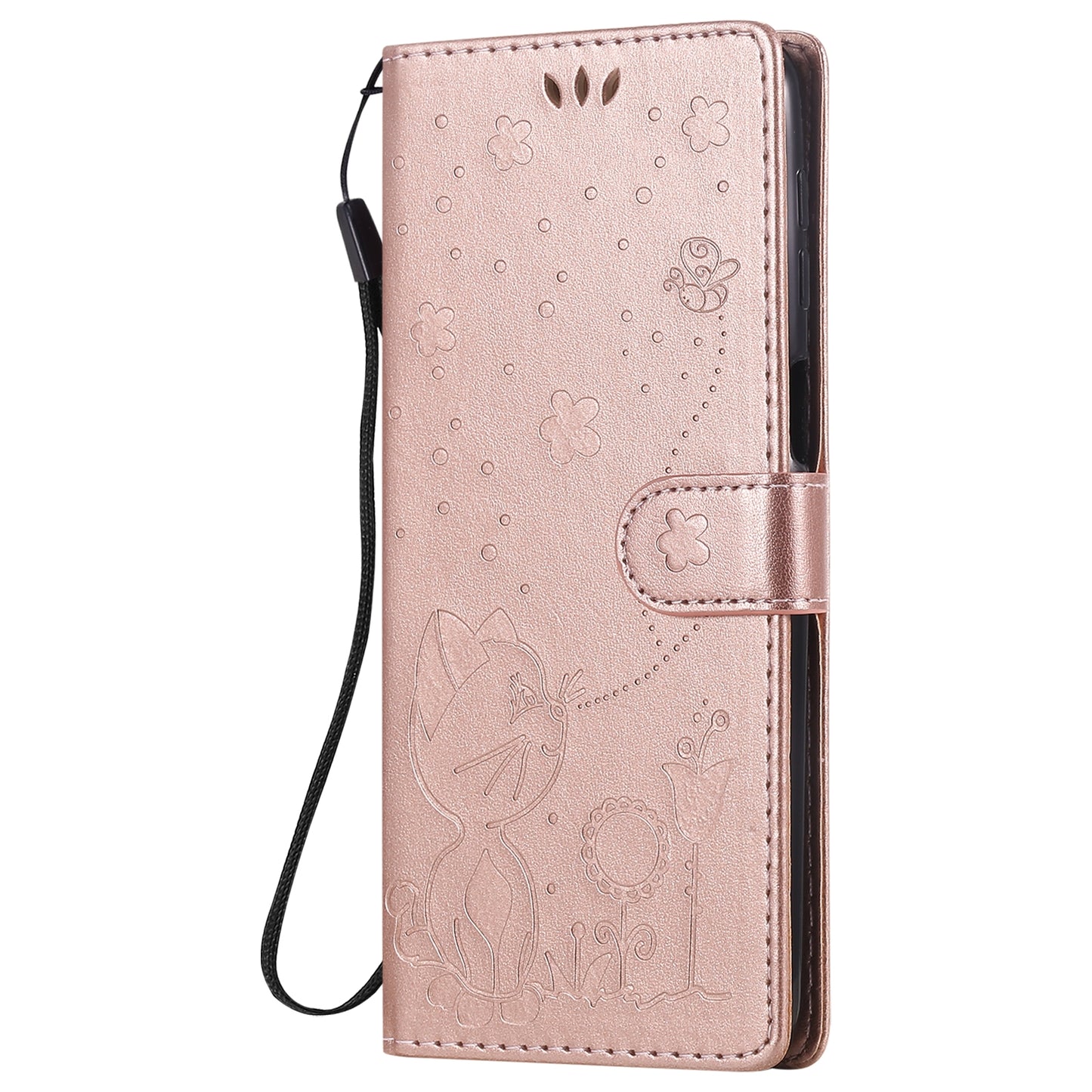 For Samsung Galaxy M31s Cat and Bee Embossed Flip Leather Phone Case Wallet Cover with Card Slots Cash Pocket Magnetic Stand Protective Shockproof TPU PU Leather Case with Wrist Strap