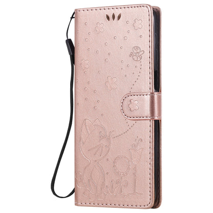 For Samsung Galaxy M31s Cat and Bee Embossed Flip Leather Phone Case Wallet Cover with Card Slots Cash Pocket Magnetic Stand Protective Shockproof TPU PU Leather Case with Wrist Strap