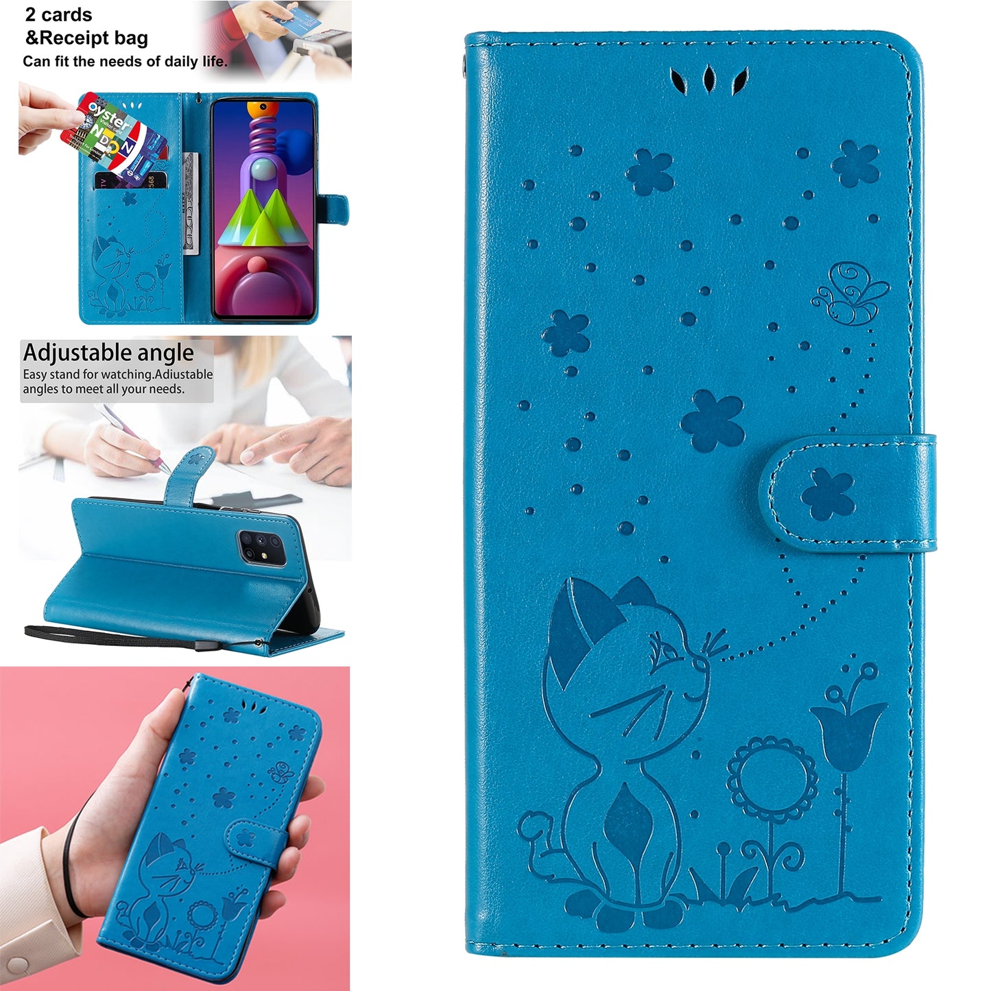 For Samsung Galaxy M51 Cat and Bee Embossed Flip Leather Phone Case Wallet Cover with Card Slots Cash Pocket Magnetic Stand Protective Shockproof TPU PU Leather Case with Wrist Strap