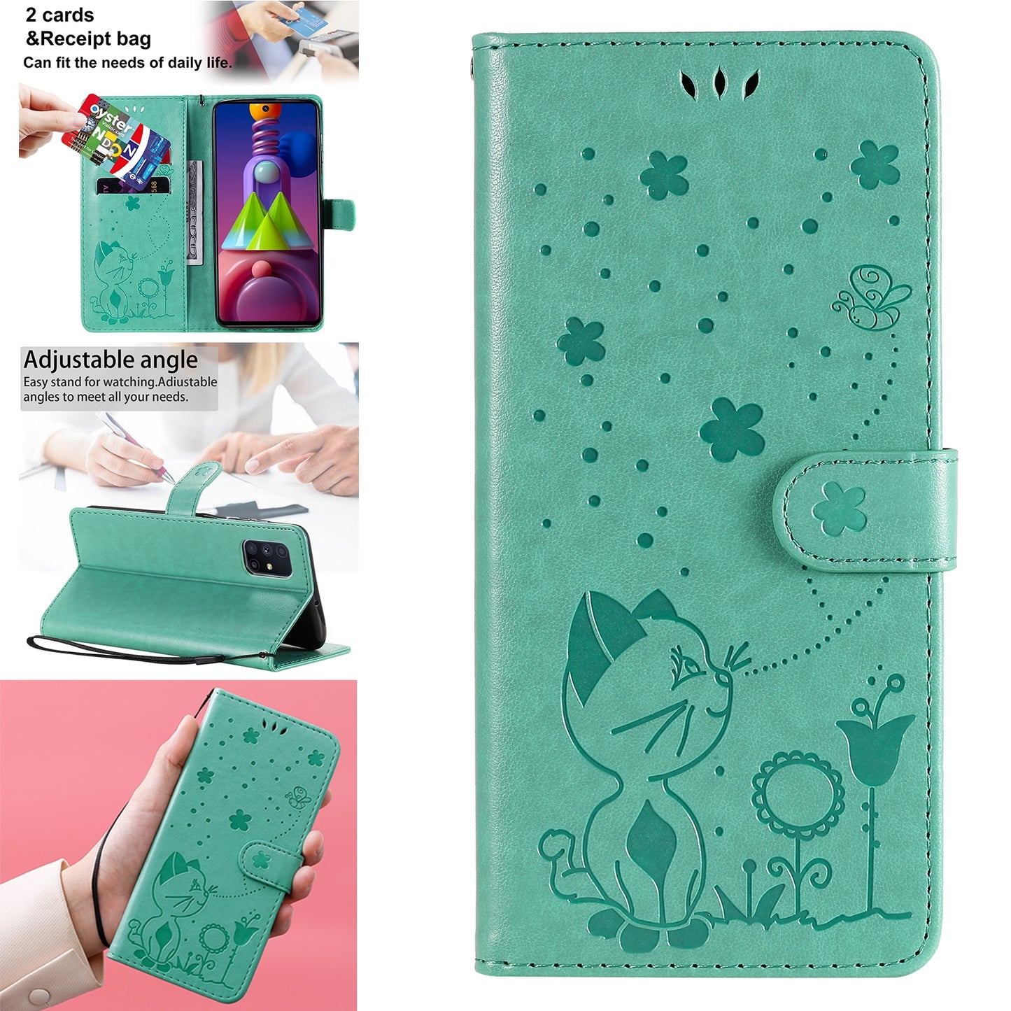 For Samsung Galaxy M51 Cat and Bee Embossed Flip Leather Phone Case Wallet Cover with Card Slots Cash Pocket Magnetic Stand Protective Shockproof TPU PU Leather Case with Wrist Strap