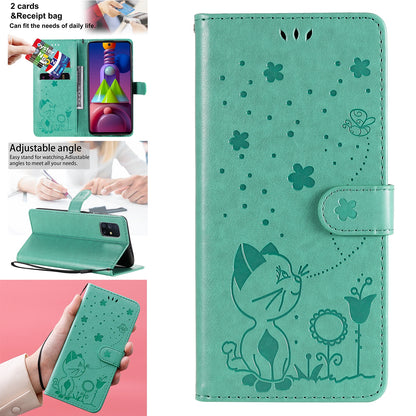 For Samsung Galaxy M51 Cat and Bee Embossed Flip Leather Phone Case Wallet Cover with Card Slots Cash Pocket Magnetic Stand Protective Shockproof TPU PU Leather Case with Wrist Strap