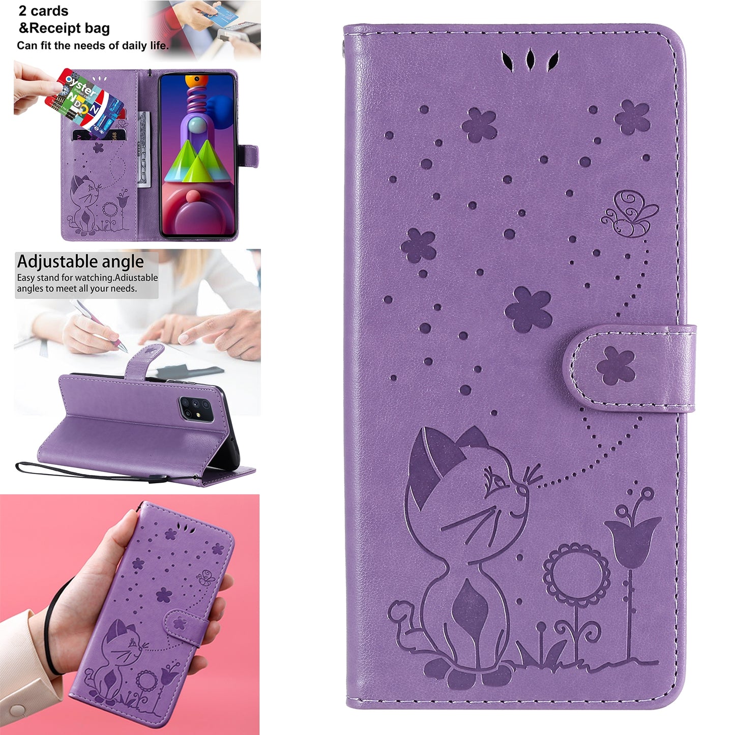 For Samsung Galaxy M51 Cat and Bee Embossed Flip Leather Phone Case Wallet Cover with Card Slots Cash Pocket Magnetic Stand Protective Shockproof TPU PU Leather Case with Wrist Strap