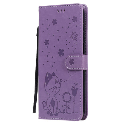 For Samsung Galaxy M51 Cat and Bee Embossed Flip Leather Phone Case Wallet Cover with Card Slots Cash Pocket Magnetic Stand Protective Shockproof TPU PU Leather Case with Wrist Strap