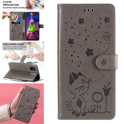 For Samsung Galaxy M51 Cat and Bee Embossed Flip Leather Phone Case Wallet Cover with Card Slots Cash Pocket Magnetic Stand Protective Shockproof TPU PU Leather Case with Wrist Strap