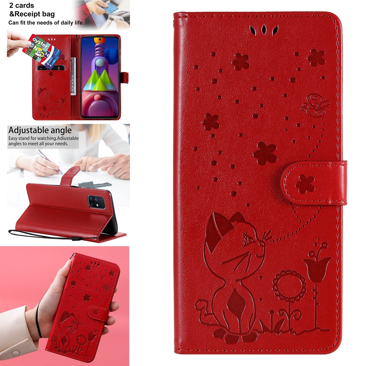 For Samsung Galaxy M51 Cat and Bee Embossed Flip Leather Phone Case Wallet Cover with Card Slots Cash Pocket Magnetic Stand Protective Shockproof TPU PU Leather Case with Wrist Strap