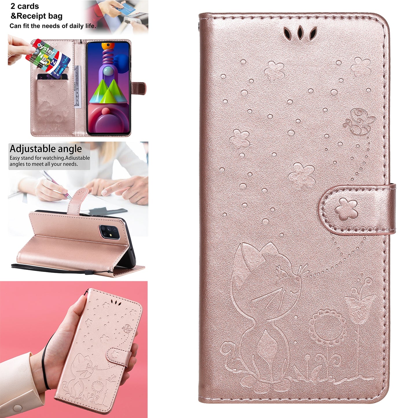 For Samsung Galaxy M51 Cat and Bee Embossed Flip Leather Phone Case Wallet Cover with Card Slots Cash Pocket Magnetic Stand Protective Shockproof TPU PU Leather Case with Wrist Strap